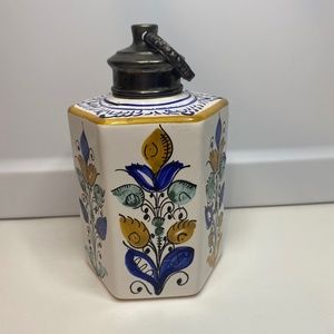 Hungarian? Ceramic Storage Jar/ Vase/ Bottle w/ Metal Rim & Lid - Marked "COPIE